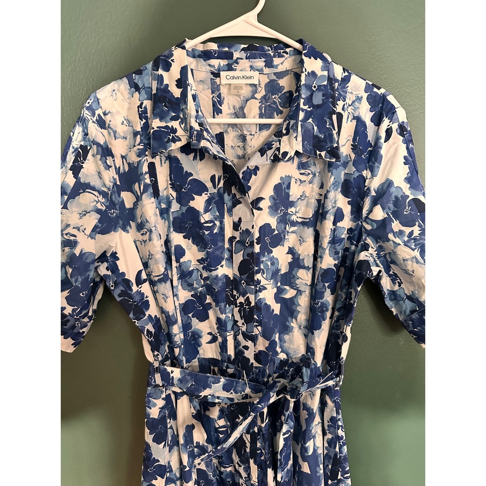 Calvin Klein Shirt Dress Womens 12 Blue Floral Cotton Tie Sleeve Belted Knee - Picture 3 of 6